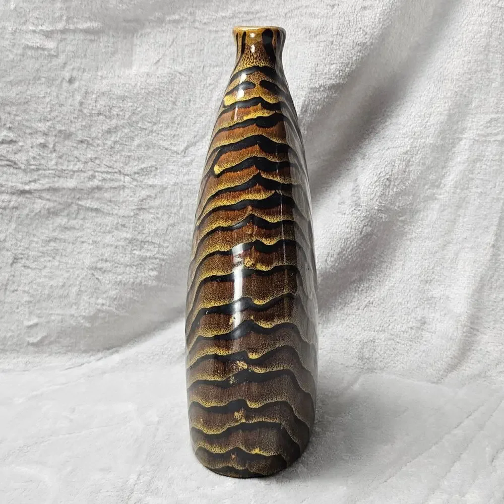 Studio Art Pottery Vase Tiger Stripe Chevron Glaze Wedge Form Brown Gold 12in